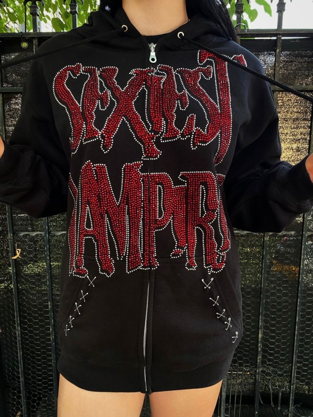 Black "SEXIEST VAMPIRE" Zip Hoodie with Red Rhinestone Logo